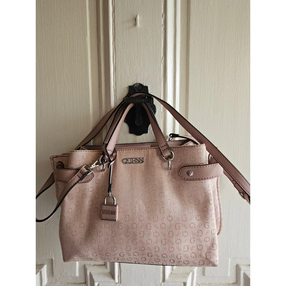 Guess Pink Monogram Satchel Handbag Crossbody Bag G Logo Print Silver Hardware